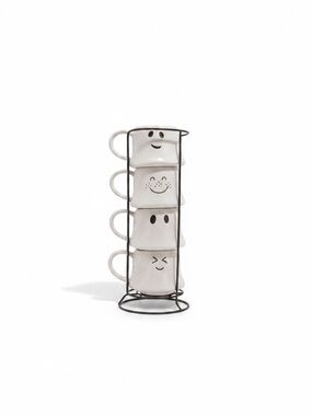 Stackable White Mug Set with Black Wire Rack - Playful Face Design